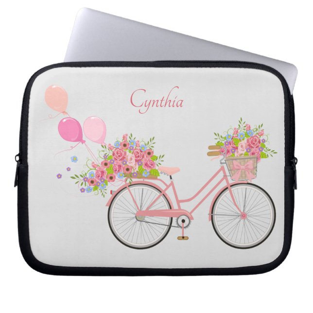 Funda Para Portátil Whimsical Pink Floral Bike Personalized (Frente)