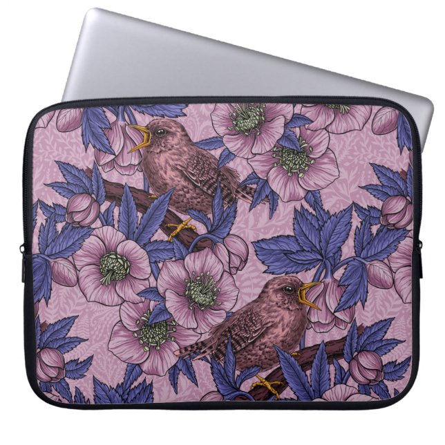 Funda Para Portátil Wren y hellebore, rosa y violeta (Frente)