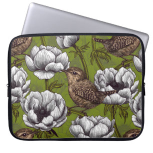 Funda Para Portátil Wrens en el jardín de anémona blanca