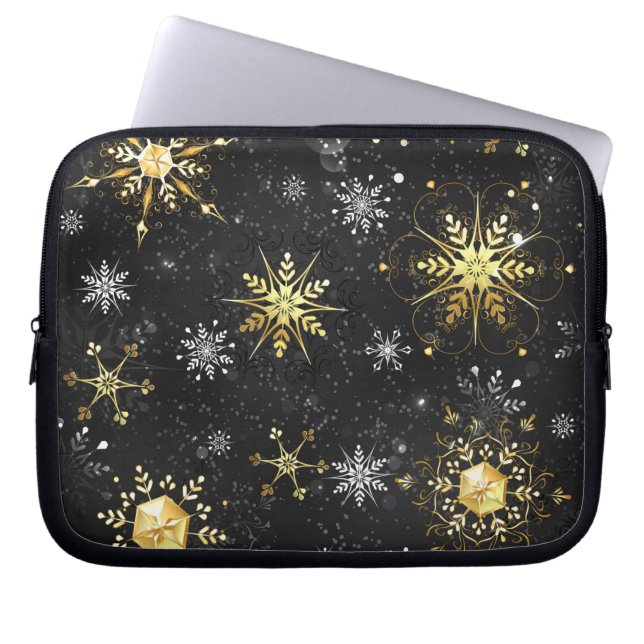 Funda Para Portátil Xmas Golden Snowflakes on Black Background (Frente)