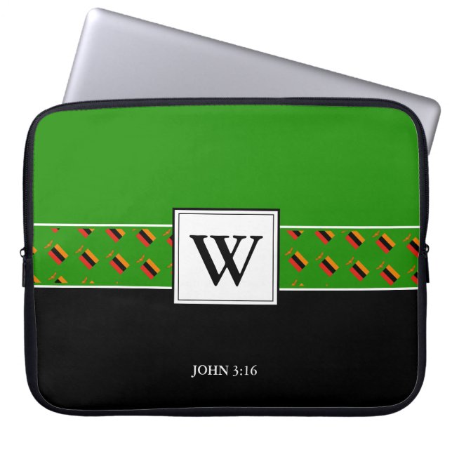 Funda Para Portátil ZAMBIA Monograma Biblia Cristiana GREEN Laptop (Frente)