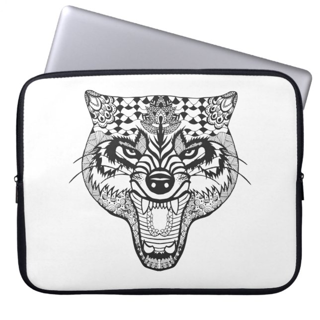 Funda Para Portátil Zentangle inspiró el lobo (Frente)