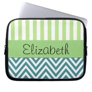 Funda Para Portátil Zigzag Azul, Chevron, Rayas Verdes, Tu Nombre