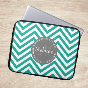 Funda Para Portátil Zigzag azul y gris Verde azulado monogramado
