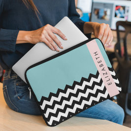 Funda Para Portátil Zigzag negro y blanco, chevron, azul, tu nombre