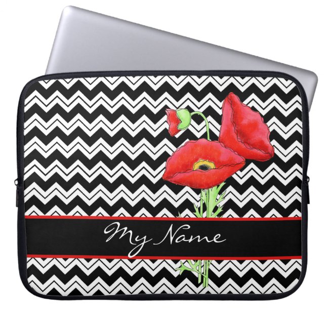 Funda Para Portátil Zizzag Chevron con amapola roja blanca y negra per (Frente)