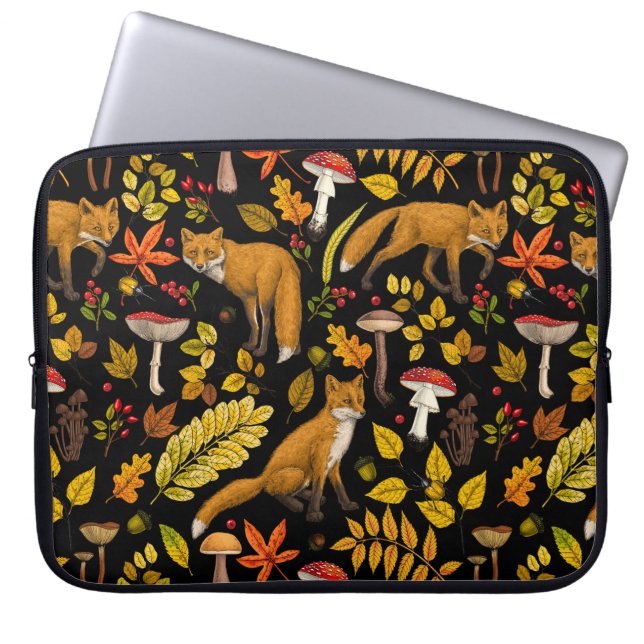 Funda Para Portátil zorros otoñales sobre negro (Frente)