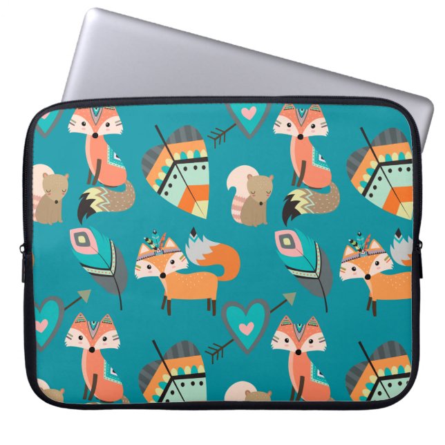 Funda Para Portátil Zorros tribales verde azulados (Frente)