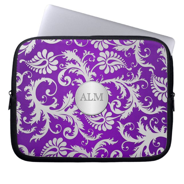 Funda para portátiles Damask morado y plateado (Frente)