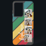 Funda Para Samsung Galaxy S21  4 Fotos Retro patrón de rainbow - Nombre del guión<br><div class="desc">Añade 4 fotos a este diseño de tiras de película con un fondo colorido. Un diseño de rayas retro y colorido con un fondo gris oscuro. Las rayas son rojas, naranjas, amarillas, verdes y azul claro. Añade tu nombre o monograma para hacer de esto un funda personal que destacará entre...</div>