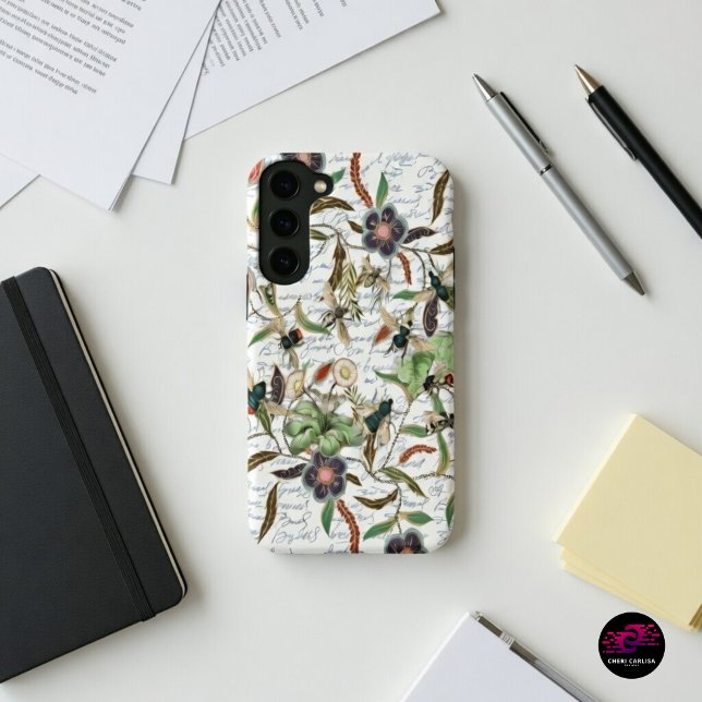 Funda Para Samsung Galaxy Abejas y flores francesas antiguas modernas (French Script Botanical Bee Samsung case for soft vintage flex.)