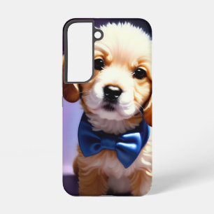 Funda Para Samsung Galaxy S22 Adorable Cachorro Fluffy con Azulejos de Bow Azul