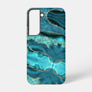 Funda Para Samsung Galaxy S22 Ágata Turquesa Azul Oro Brillante Mármol Aqua Turq