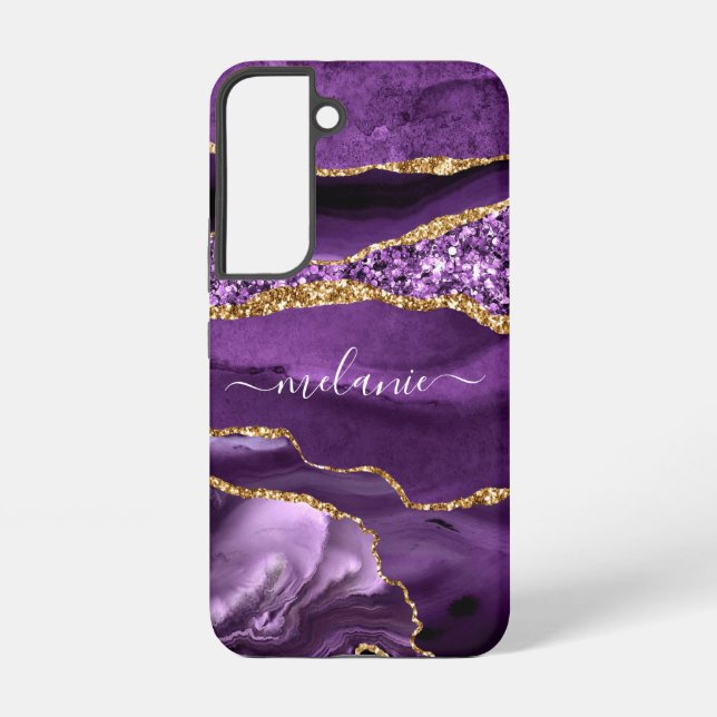 Funda Para Samsung Galaxy Agate Purple Gold Sparkly Marble Custom Name (Reverso )