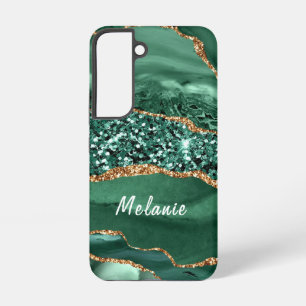 Funda Para Samsung Galaxy S22 Agate Verde Oro Glitter Mármol Tu Nombre