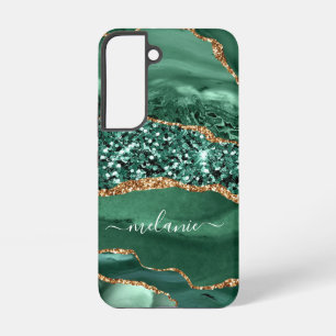 Funda Para Samsung Galaxy S22 Agate Verde Oro Glitter Mármol Tu Nombre