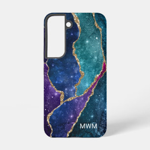 Funda Para Samsung Galaxy S22 Aguamarina Púrpura Azul Venas de Oro Ágata Monogra