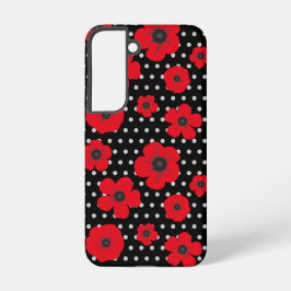 Funda Para Samsung Galaxy S22 Amapolas Negras y Lunares Rojos Contemporáneos