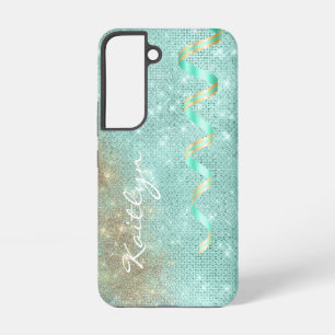 Funda Para Samsung Galaxy S22 Aqua Blue Sparkle Ribbon Glam