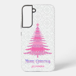Funda Para Samsung Galaxy S22+ Árbol de Navidad Rosa Nombre Personalizado Elegant
