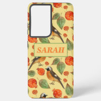 Aves acuarelas naranjas y patrón granado