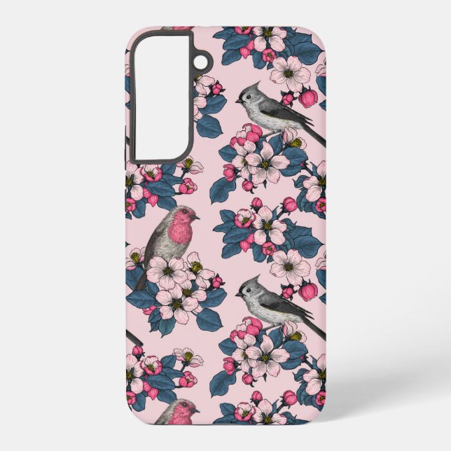 Funda Para Samsung Galaxy Aves y flores en rosa (Reverso )