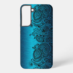 Funda Para Samsung Galaxy S22+ Azul Acuático Metálico Con Encaje de Paisley Negro