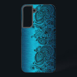 Funda Para Samsung Galaxy S22  Azul Aqua Metálico Con Lace De Paisley Negro<br><div class="desc">Imagen de un diseño metálico azul acuático de aluminio cepillado con encaje paisley floral negro.</div>