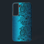 Funda Para Samsung Galaxy S22  Azul Aqua Metálico Con Lace De Paisley Negro<br><div class="desc">Imagen de un diseño metálico azul acuático de aluminio cepillado con encaje paisley floral negro.</div>