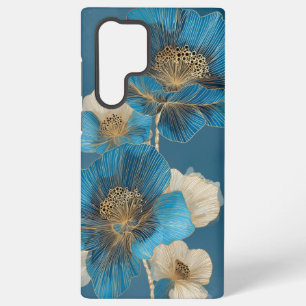 Funda Para Samsung Galaxy S22 Ultra Azul Línea de Oro Arte Amapola Botánica Floral