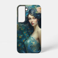 Belleza de pluma de pavo real: mujer en Verde azul