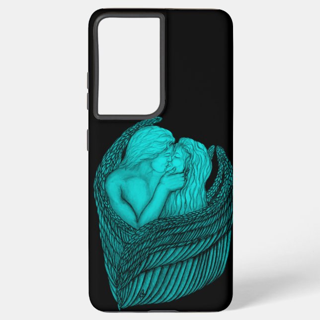 Funda Para Samsung Galaxy Besada de ángeles , diseño negro y verde (Reverso )