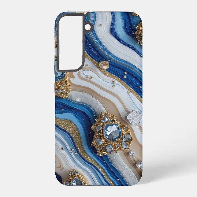 Funda Para Samsung Galaxy Blue Geode Gemstone with Gold Crystals – Luxury (Reverso )