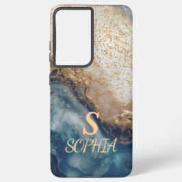 Funda Para Samsung Galaxy S21 Ultra blue marble chic gold glitter monogram