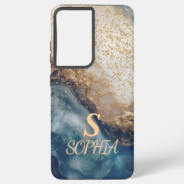 Funda Para Samsung Galaxy blue marble chic gold glitter monogram (Reverso )