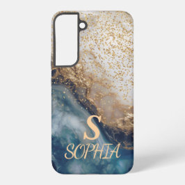 Funda Para Samsung Galaxy S22+ blue marble chic gold glitter monogram