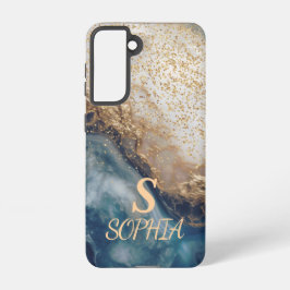 Funda Para Samsung Galaxy S21 blue marble chic gold glitter monogram