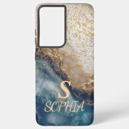 Funda Para Samsung Galaxy S21+ blue marble chic gold glitter monogram