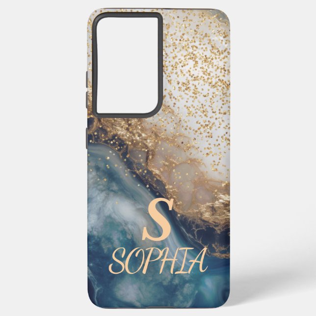 Funda Para Samsung Galaxy blue marble chic gold glitter monogram (Reverso )