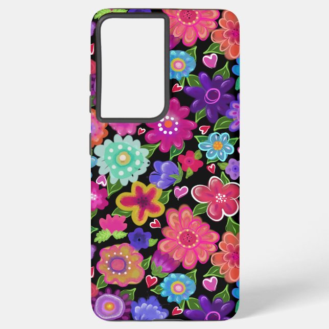 Funda Para Samsung Galaxy Brillantes y hermosas flores de boho en negro (Reverso )