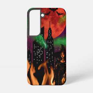 Funda Para Samsung Galaxy S22 Bruja de fuego espeluznante paisaje urbano luna ro