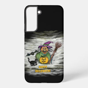 Funda Para Samsung Galaxy S22+ Bruja, gato, murciélago y calabaza, ¡Feliz Hallowe