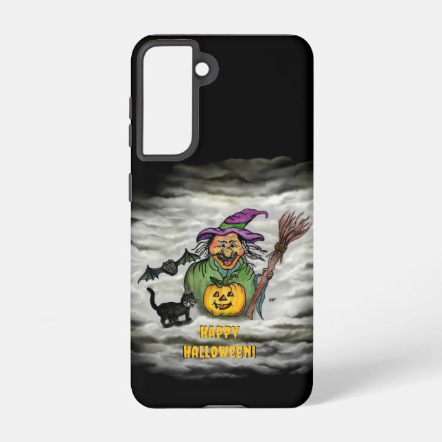 Funda Para Samsung Galaxy Bruja, gato, murciélago y calabaza, ¡Feliz Hallowe (Reverso )