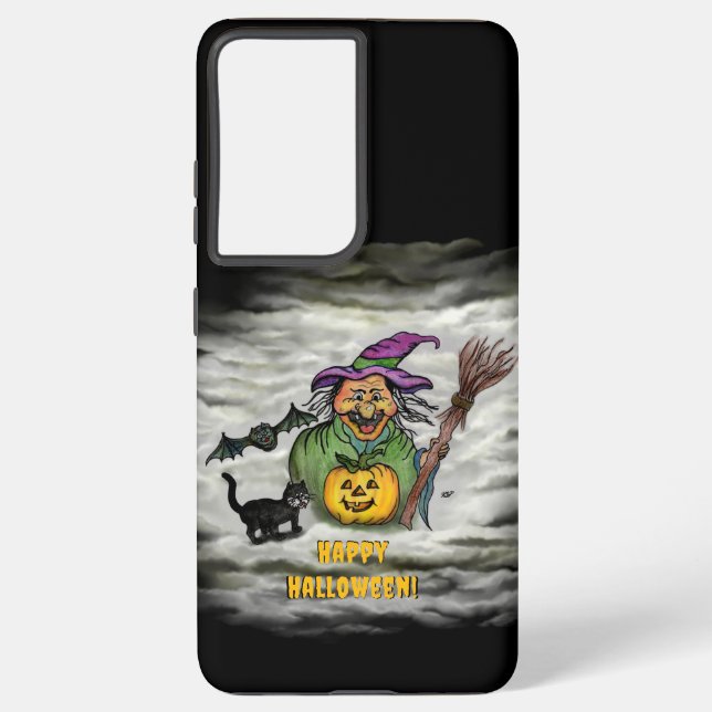Funda Para Samsung Galaxy Bruja, gato, murciélago y calabaza, ¡Feliz Hallowe (Reverso )