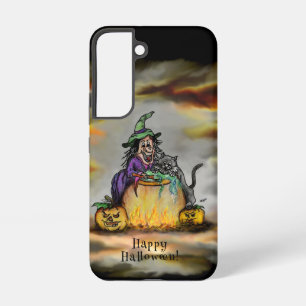 Funda Para Samsung Galaxy S22 Bruja y gato negro, ¡Feliz Halloween!