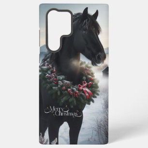 Funda Para Samsung Galaxy S22 Ultra Caballo negro en la nieve con corona de Navidades