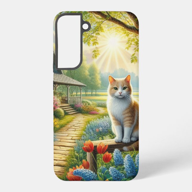 Funda Para Samsung Galaxy Cabaña de primavera/jardín y gato (Reverso )