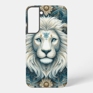 Funda Para Samsung Galaxy S22+ Cabeza de León Blanco Majestuoso Mandala Azul Teal
