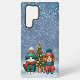 Funda Para Samsung Galaxy S22 Ultra Cachorro y gatito lindos de Navidad