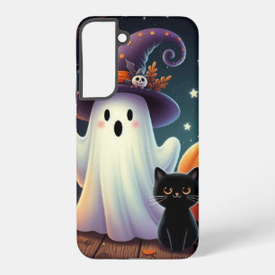 Funda Para Samsung Galaxy S22+ Calabaza, gato y fantasma de Halloween.